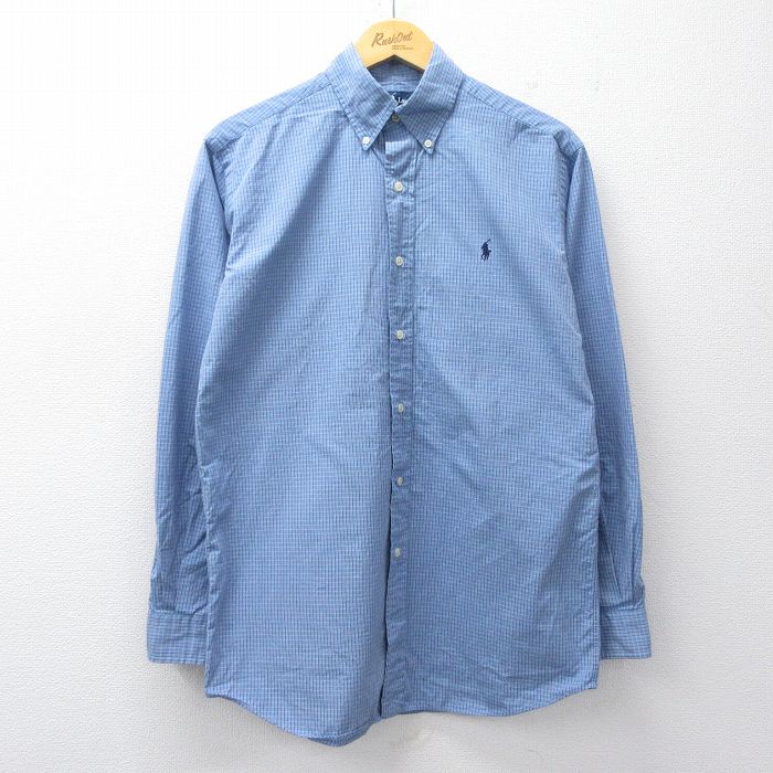 L★古着 ラルフローレン 長袖 ブランド シャツ メンズ 90年代 90s ワンポイントロゴ ELLINGTON コットン ボタンダウン 薄紺他 チェック 26mar16