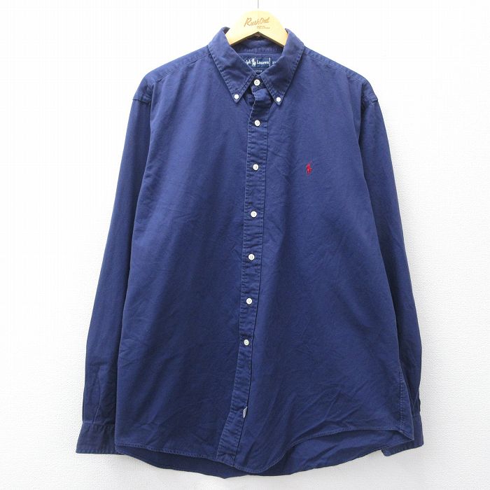 XL★古着 ラルフローレン 長袖 ブランド シャツ メンズ 90年代 90s ワンポイントロゴ 大きいサイズ ロング丈 コットン 紺 26mar16