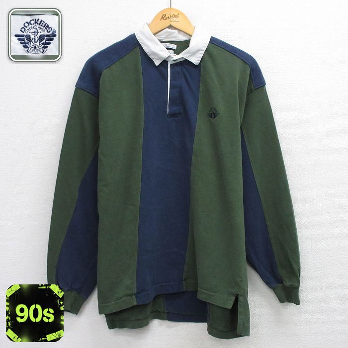【20%OFF】ドッカーズ 90s 長袖ラガーシャツ ワンポイントロゴ グリーン XL | 古着