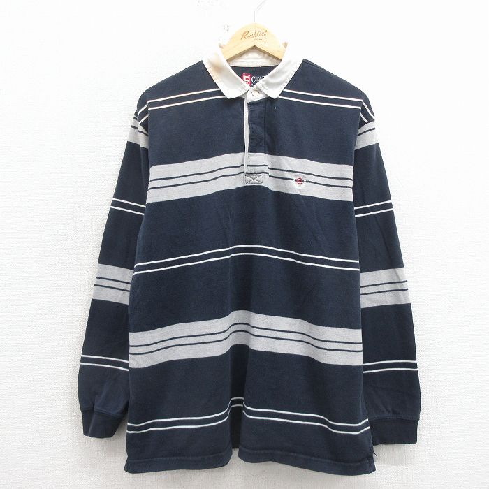 XL★古着 ラルフローレン チャップス 長袖 ブランド ラガー シャツ メンズ 90年代 90s ワンポイントロゴ コットン 紺 ボーダー 26mar23