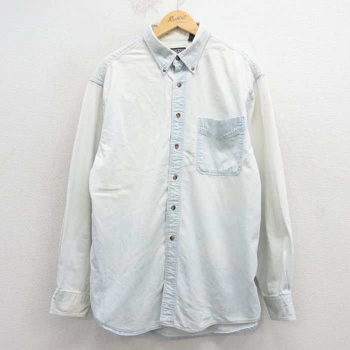 XL★古着 ランズエンド 長袖 ブランド シャツ メンズ 90年代 90s ロング丈 コットン ボタンダウン USA製 薄紺 デニム【spe】 26mar31