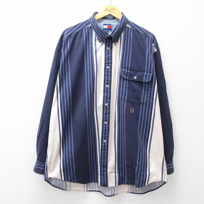 XL★古着 トミーヒルフィガー 長袖 ブランド シャツ メンズ 90年代 90s ワンポイントロゴ 大きいサイズ ロング丈 コットン ボタンダウン 紺他 ストライプ【spe】 26apr01