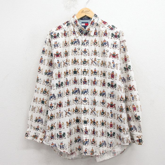 XL★古着 トミーヒルフィガー 長袖 ブランド シャツ メンズ 90年代 90s 総柄 コットン ボタンダウン 白【spe】 26apr02