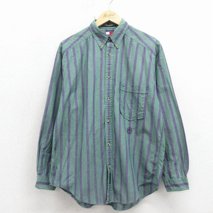L★古着 トミーヒルフィガー 長袖 ブランド シャツ メンズ 90年代 90s ワンポイントロゴ コットン ボタンダウン 緑 ストライプ 26apr03