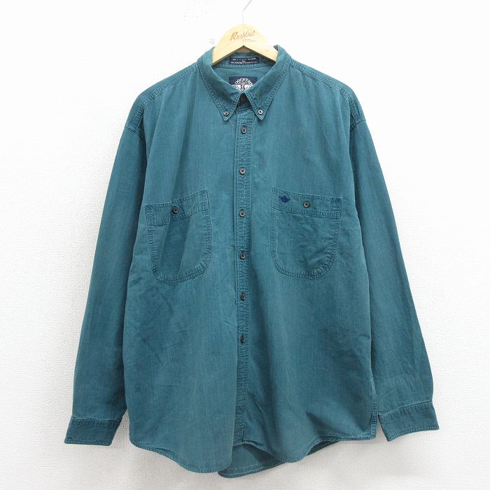 XL★古着 ドッカーズ 長袖 ブランド シャツ メンズ 90年代 90s ワンポイントロゴ 大きいサイズ コットン ボタンダウン 青緑 26apr03