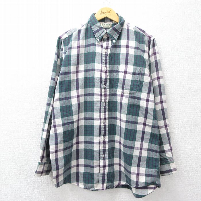 L★古着 エルエルビーン 長袖 ブランド シャツ メンズ 80年代 80s コットン ボタンダウン USA製 緑他 チェック 26apr08