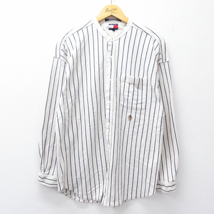 L★古着 トミーヒルフィガー 長袖 ブランド シャツ メンズ 90年代 90s ワンポイントロゴ コットン ノーカラー 白他 ストライプ【spe】 26apr08
