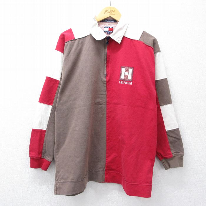 L★古着 トミーヒルフィガー 長袖 ブランド ハーフジップ トップス メンズ 90年代 90s ワンポイントロゴ コットン 赤他 26apr08