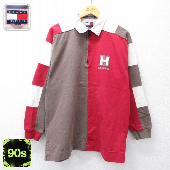 【20%OFF】トミーヒルフィガー 90s 長袖ハーフジップトップス ワンポイントロゴ レッド メンズL相当 | 古着