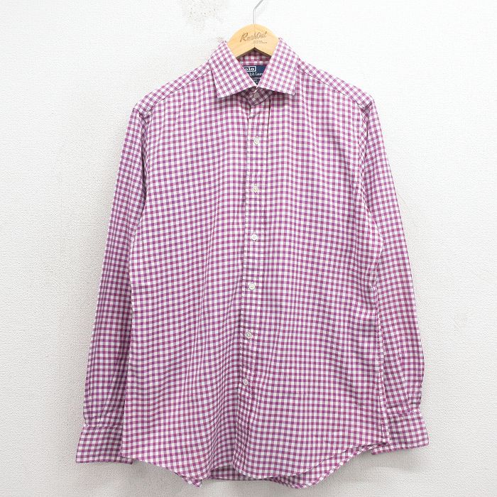 L★古着 ラルフローレン 長袖 ブランド シャツ メンズ 90年代 90s コットン 紫他 ギンガム チェック 26apr08