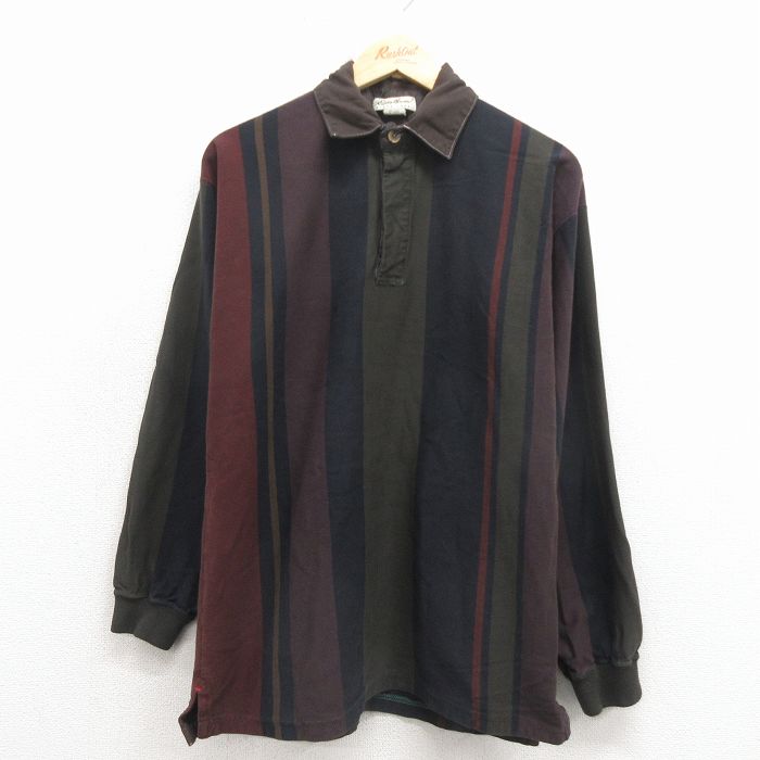 M★古着 エディーバウアー 長袖 ブランド ラガー シャツ メンズ 00年代 00s コットン こげ茶他 ストライプ 26apr08