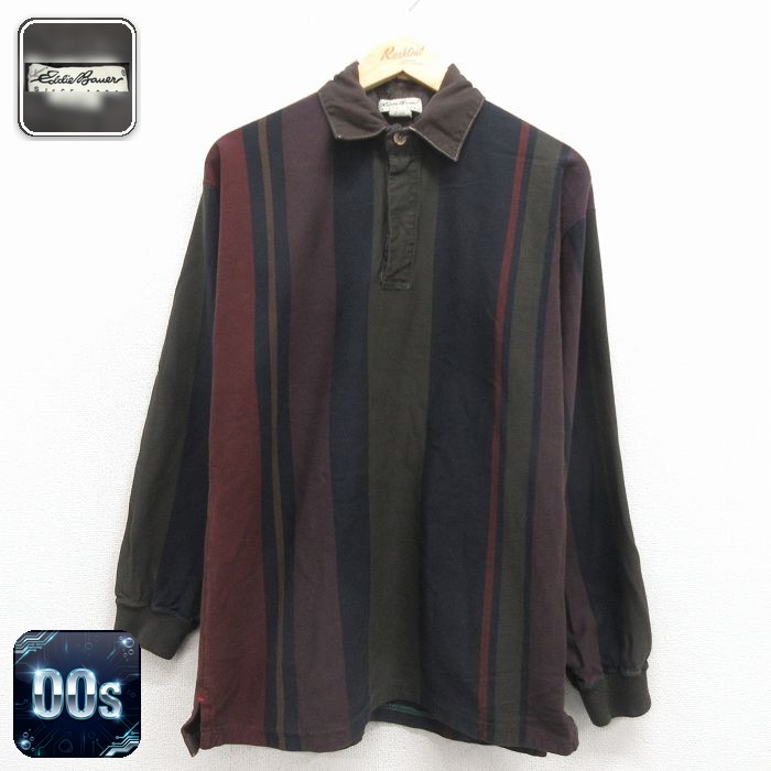 【20%OFF】エディーバウアー 00s 長袖ラガーシャツ ストライプ ブラウン メンズM相当 | 古着