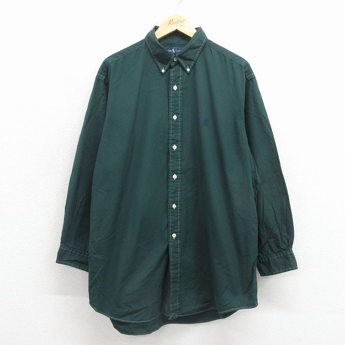 XL★古着 ラルフローレン 長袖 ブランド シャツ メンズ 90年代 90s ワンポイントロゴ オックスフォード 大きいサイズ ロング丈 コットン ボタンダウン 緑【spe】 26apr08