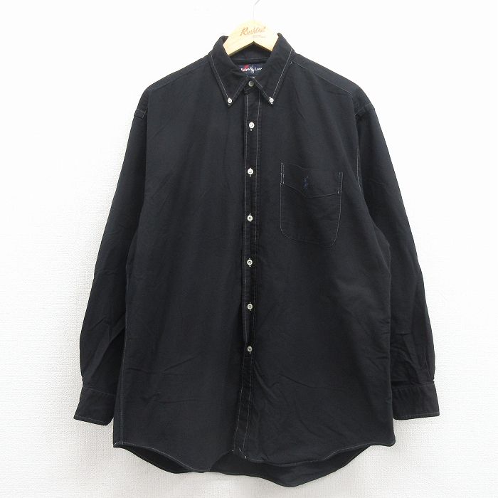 XL★古着 ラルフローレン 長袖 ブランド シャツ メンズ 90年代 90s ワンポイントロゴ BIG SHIRT 大きいサイズ コットン ボタンダウン 黒【spe】 26apr08