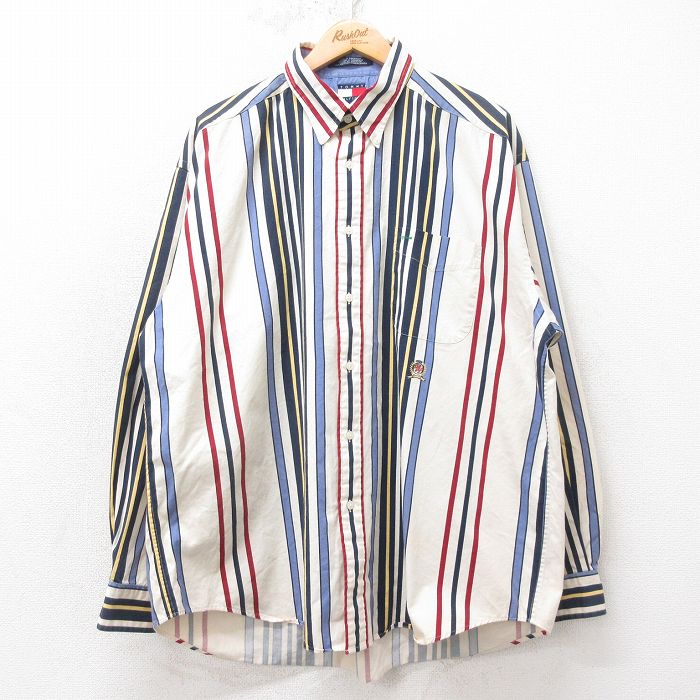 トミーヒルフィガー 90s 長袖シャツ ワンポイントロゴ 生成りストライプ XL | 古着