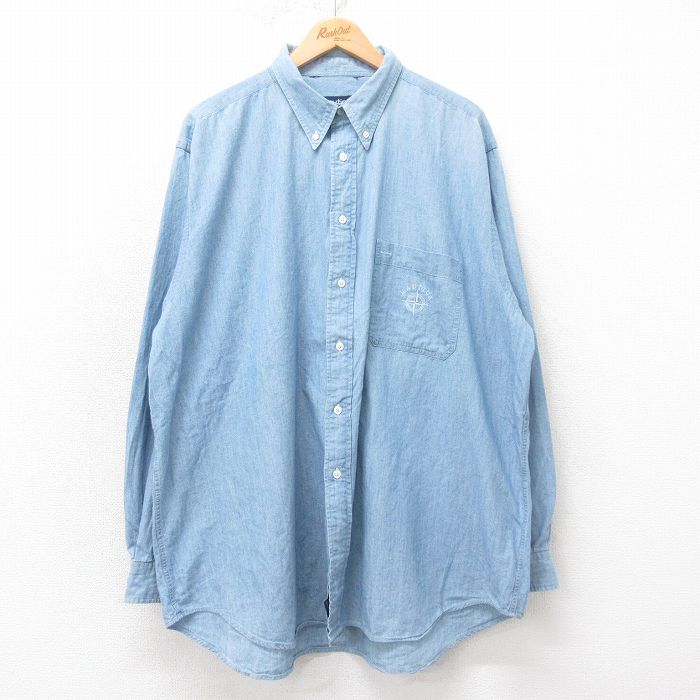 XL★古着 ノーティカ 長袖 ブランド シャンブレー シャツ メンズ 90年代 90s ワンポイントロゴ 大きいサイズ ロング丈 コットン ボタンダウン 薄紺 26apr10