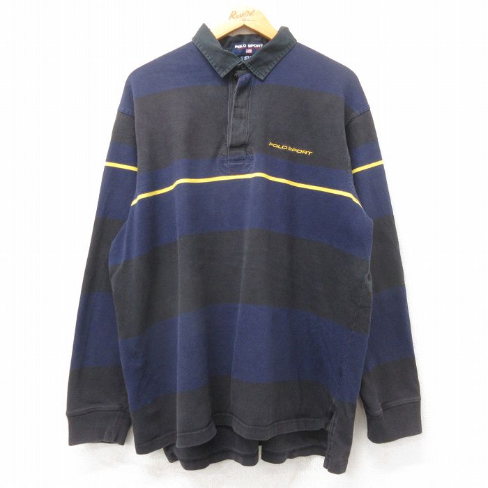 XL★古着 ラルフローレン ポロスポーツ 長袖 ブランド ラガー シャツ メンズ ワンポイントロゴ ヒジ当て 大きいサイズ コットン 黒他 ボーダー 26apr10