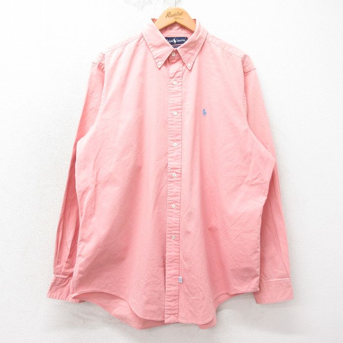XL★古着 ラルフローレン 長袖 ブランド シャツ メンズ 90年代 90s ワンポイントロゴ 大きいサイズ ロング丈 コットン ボタンダウン ピンク 26apr10