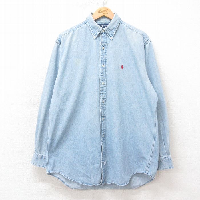 XL★古着 ラルフローレン 長袖 ブランド シャツ メンズ 90年代 90s ワンポイントロゴ コットン ボタンダウン 薄紺 デニム 26apr10