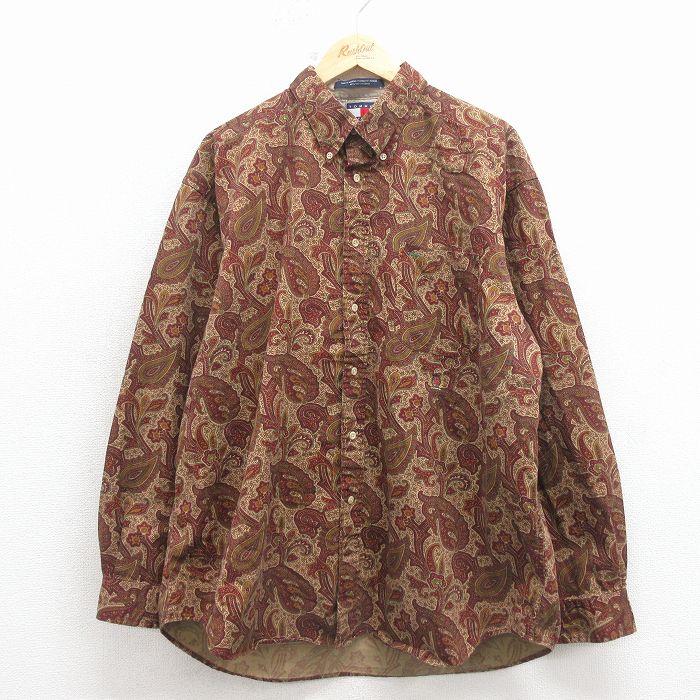 XL★古着 トミーヒルフィガー 長袖 ブランド シャツ メンズ 90年代 90s ワンポイントロゴ ペイズリー柄 大きいサイズ コットン ボタンダウン エンジ【spe】 26apr11