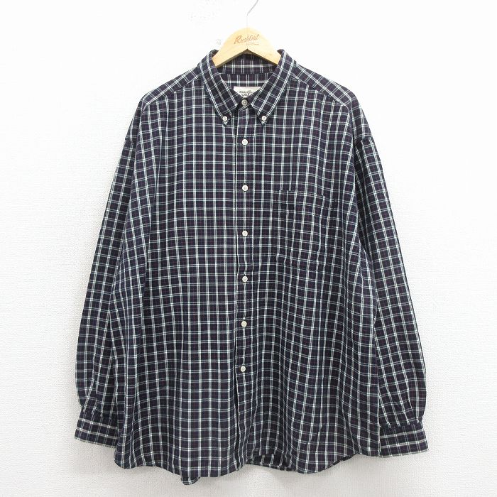 XL★古着 エディーバウアー 長袖 ブランド シャツ メンズ 00年代 00s 大きいサイズ ロング丈 コットン ボタンダウン 紺他 チェック 26apr11
