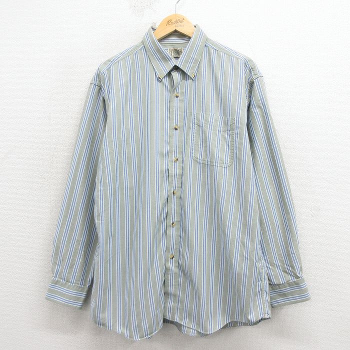 XL★古着 エルエルビーン 長袖 ブランド シャツ メンズ 00年代 00s コットン ボタンダウン 緑他 ストライプ 26apr11