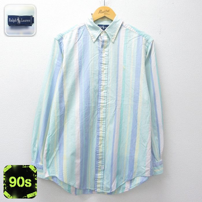 【20%OFF】ラルフローレン 90s 長袖シャツ ワンポイントロゴ ライトグリーンストライプ メンズL相当 | 古着