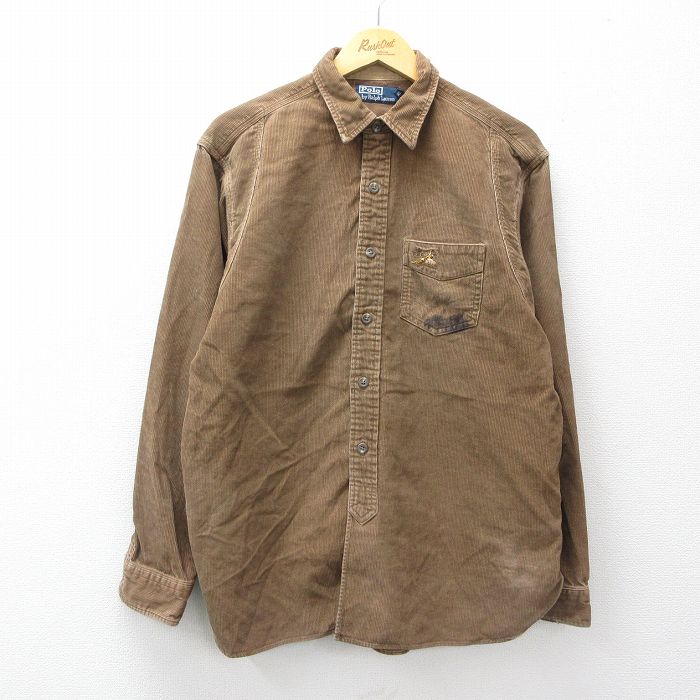 XL★古着 ラルフローレン 長袖 ブランド シャツ メンズ 90年代 90s ワンポイントロゴ 鳥 コーデュロイ コットン 茶 26apr14