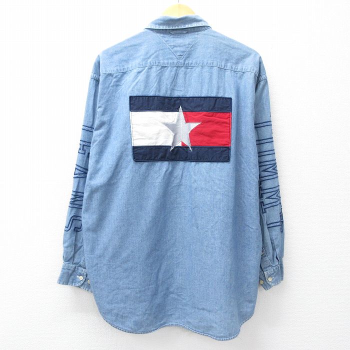 XL★古着 トミーヒルフィガー トミージーンズ 長袖 ブランド シャツ メンズ 90年代 90s ビッグロゴ 星 刺繍 コットン 薄紺 デニム 26apr14