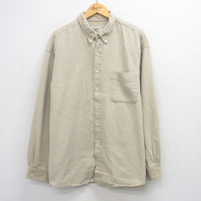 XL★古着 エディーバウアー 長袖 ブランド シャツ メンズ 00年代 00s ワンポイントロゴ 大きいサイズ ロング丈 コットン ベージュ 26apr20