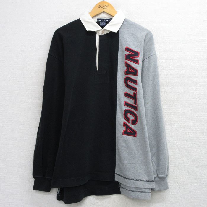 XL★古着 ノーティカ 長袖 ブランド ラガー シャツ メンズ 90年代 90s ビッグロゴ 刺繍 ロング丈 コットン グレー 霜降り他 26apr20