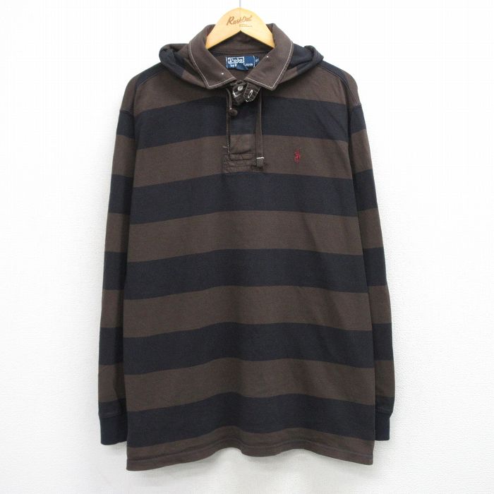 XL★古着 ラルフローレン 長袖 ブランド ラガー シャツ パーカー メンズ 90年代 90s ワンポイントロゴ 大きいサイズ コットン 茶他 ボーダー 26apr20