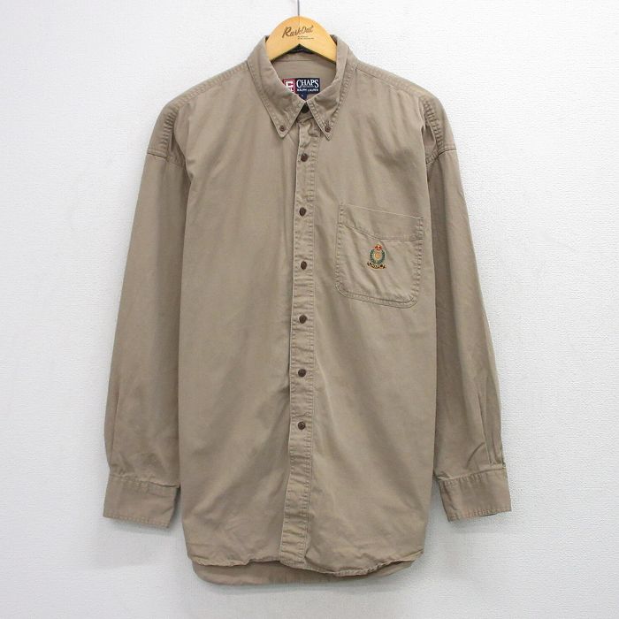XL★古着 ラルフローレン チャップス 長袖 ブランド シャツ メンズ 90年代 90s ワンポイントロゴ ロング丈 コットン ボタンダウン ベージュ 26apr20