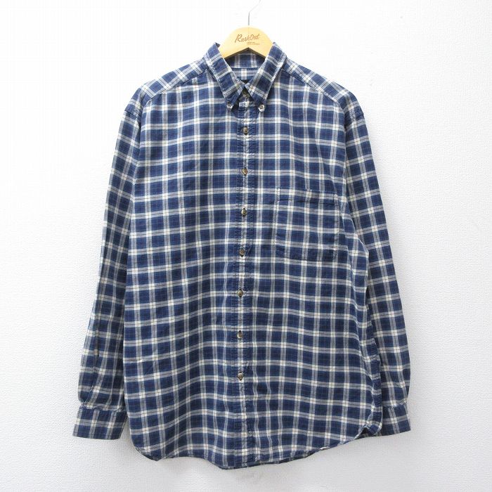 XL★古着 エディーバウアー 長袖 ブランド シャツ メンズ 00年代 00s ロング丈 コットン ボタンダウン 濃紺他 チェック 26apr20