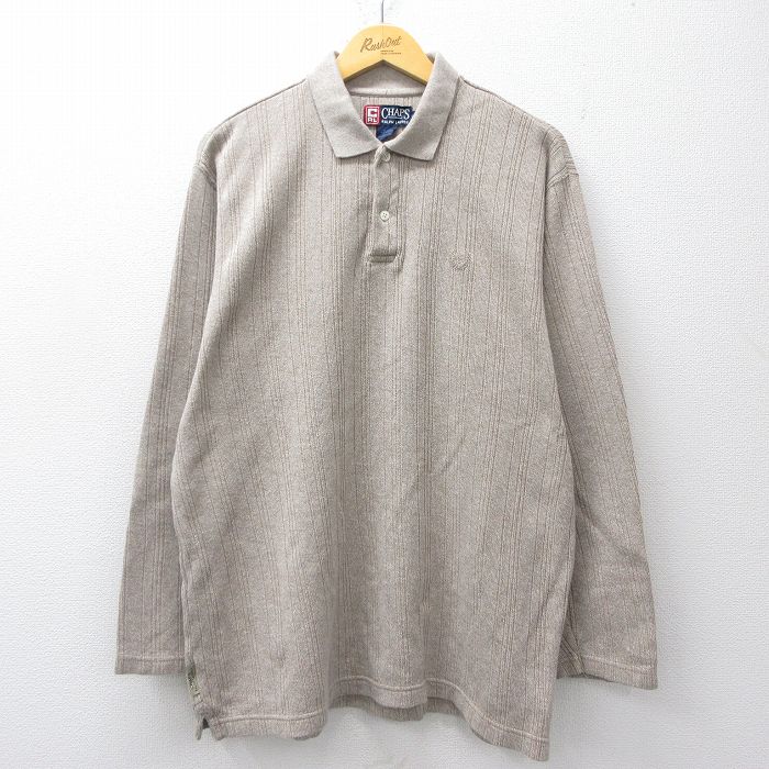 XL★古着 ラルフローレン チャップス 長袖 ブランド ポロ シャツ メンズ 90年代 90s ワンポイントロゴ コットン ベージュ 霜降り ストライプ 26apr20