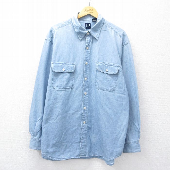 XL★古着 ギャップ GAP 長袖 ブランド シャンブレー シャツ メンズ 00年代 00s 大きいサイズ ロング丈 コットン 薄紺 26apr20