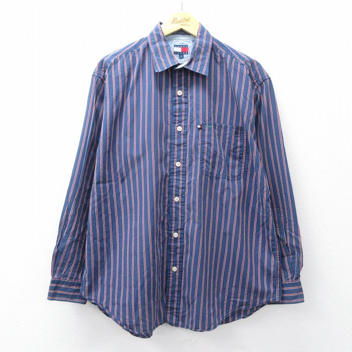 XL★古着 トミーヒルフィガー トミージーンズ 長袖 ブランド シャツ メンズ 90年代 90s 濃紺他 ストライプ 26apr20
