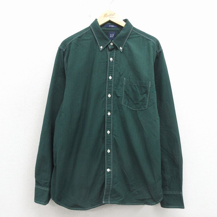 XL★古着 ギャップ GAP 長袖 ブランド シャツ メンズ コットン ボタンダウン 緑 ストライプ 26apr28
