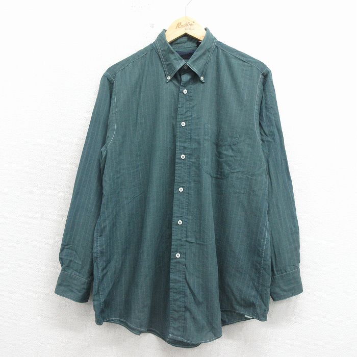 L★古着 ランズエンド 長袖 ブランド シャツ メンズ 90年代 90s ボタンダウン USA製 緑 ストライプ【spe】 26apr28