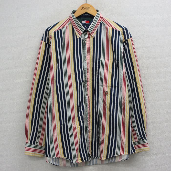トミーヒルフィガー 90s 長袖シャツ ワンポイントロゴ ホワイトストライプ メンズXL相当 | 古着