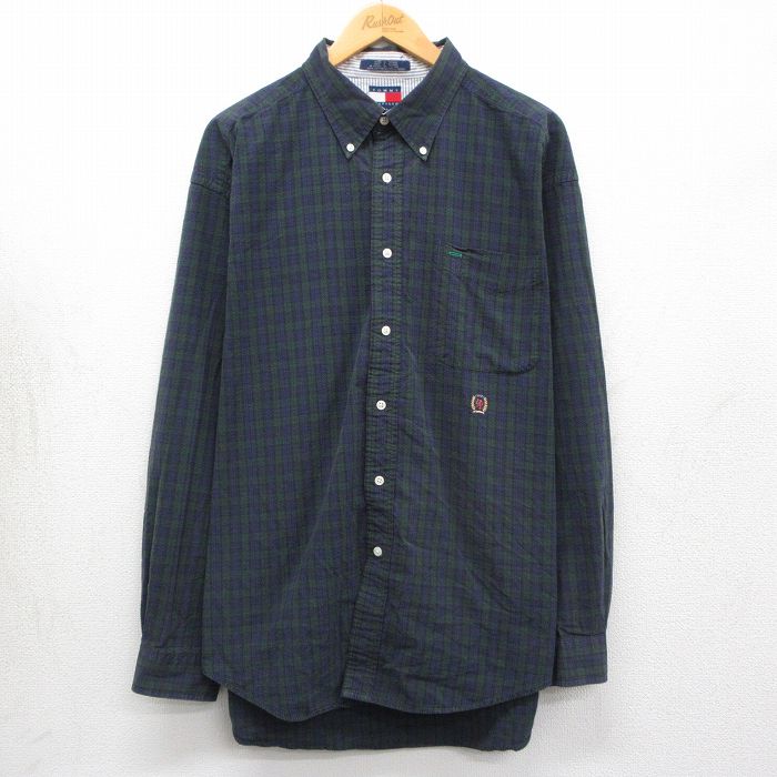 XL★古着 トミーヒルフィガー 長袖 ブランド シャツ メンズ 90年代 90s ワンポイントロゴ シアサッカー 大きいサイズ コットン ボタンダウン 濃紺他 チェック 26apr30