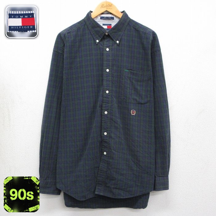 トミーヒルフィガー 90s シャツ ワンポイントロゴ ネイビーチェック メンズXL相当 | 古着