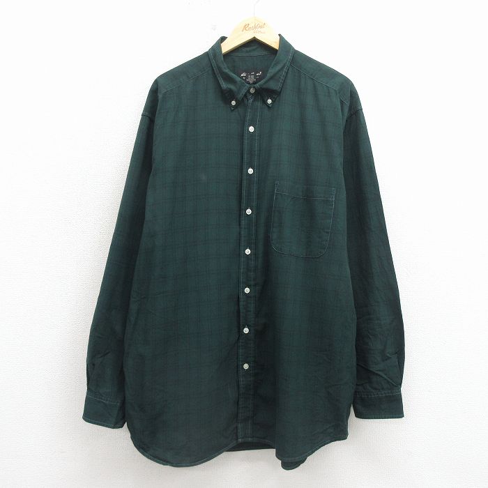 XL★古着 エディーバウアー 長袖 ブランド シャツ メンズ 00年代 00s 大きいサイズ ロング丈 コットン ボタンダウン 緑 チェック 26apr30