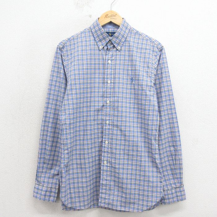 S★古着 ラルフローレン 長袖 ブランド シャツ メンズ ワンポイントロゴ コットン ボタンダウン 薄紺 チェック 26apr30