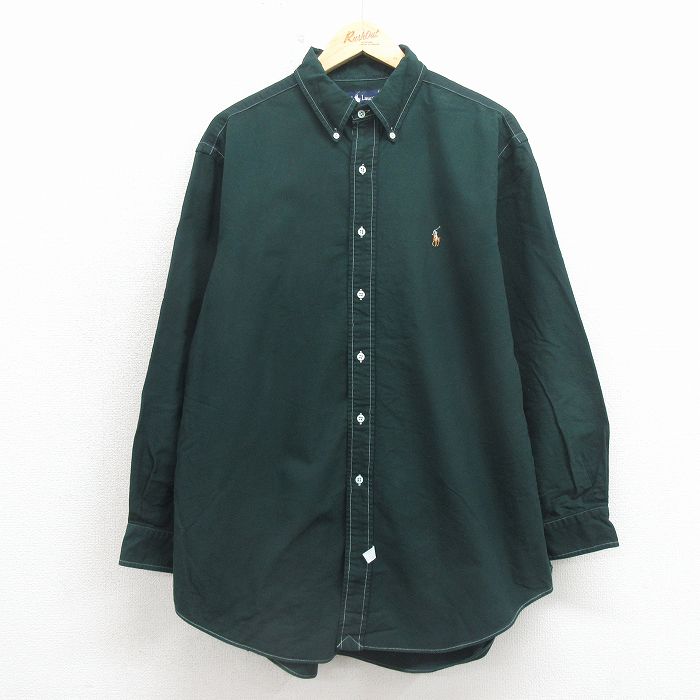 XL★古着 ラルフローレン 長袖 ブランド シャツ メンズ 90年代 90s ワンポイントロゴ オックスフォード 大きいサイズ コットン ボタンダウン 緑 26apr30