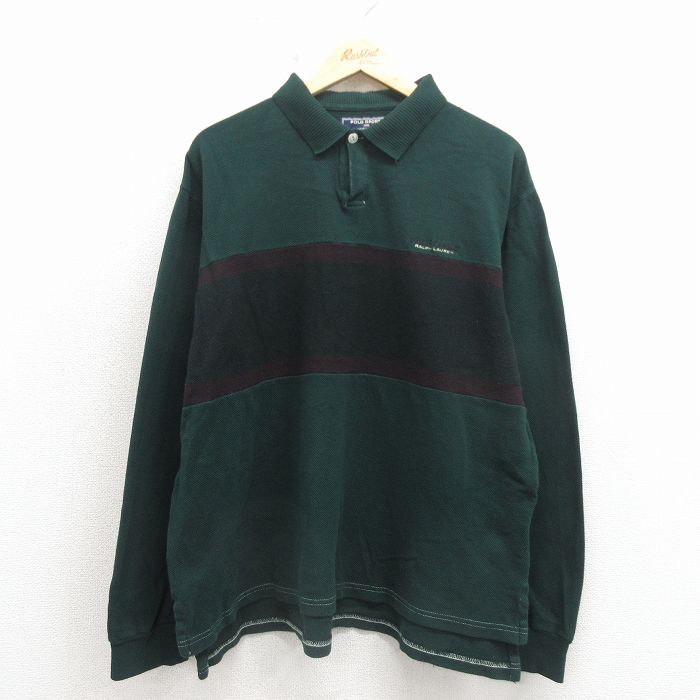 XL★古着 ラルフローレン ポロスポーツ 長袖 ブランド ポロ シャツ メンズ ワンポイントロゴ 鹿の子 大きいサイズ コットン 緑 26apr30