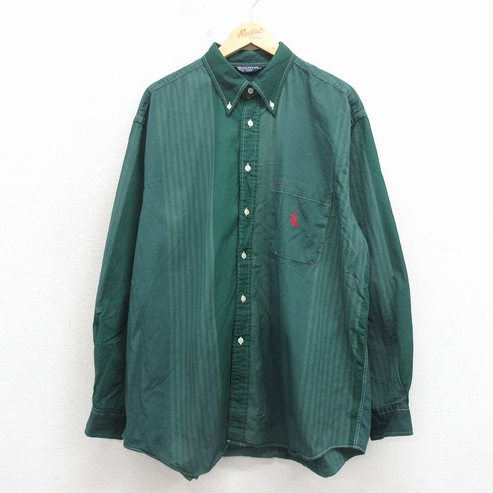 XL★古着 ノーティカ 長袖 ブランド シャツ メンズ 90年代 90s ワンポイントロゴ 大きいサイズ コットン ボタンダウン USA製 緑 ストライプ 26apr30