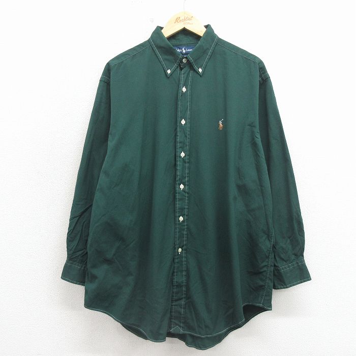 XL★古着 ラルフローレン 長袖 ブランド シャツ メンズ 90年代 90s ワンポイントロゴ YARMOUTH オックスフォード 大きいサイズ コットン ボタンダウン 緑【spe】 26apr30