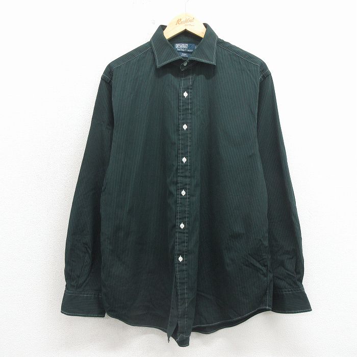 XL★古着 ラルフローレン 長袖 ブランド シャツ メンズ 90年代 90s コットン 緑 ストライプ 26apr30