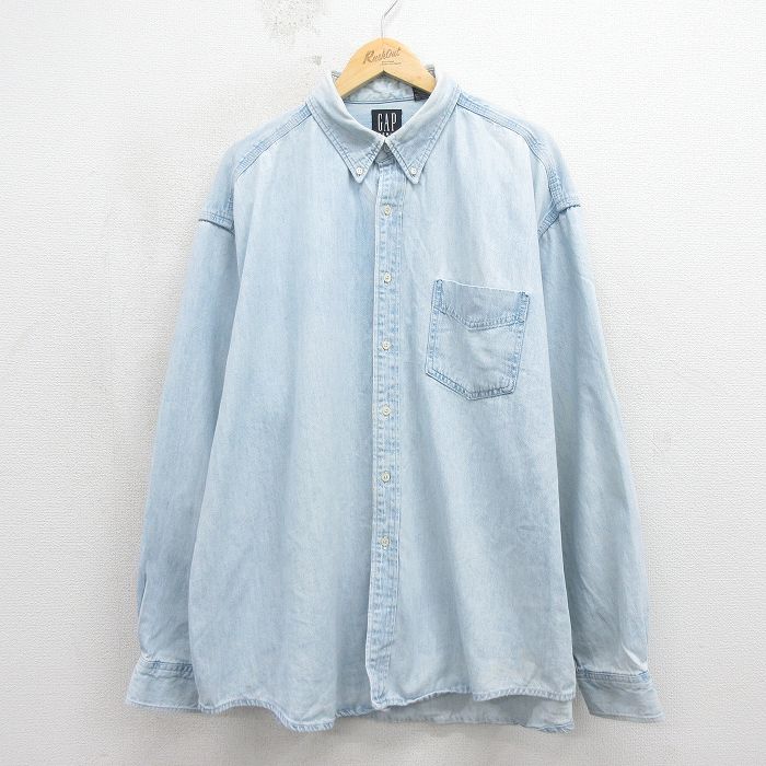 XL★古着 ギャップ GAP 長袖 ブランド シャツ メンズ 90年代 90s 大きいサイズ ロング丈 コットン ボタンダウン カナダ製 ネイビー デニム【spe】 26may21
